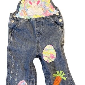 OOAK Custom Overalls with Easter Patch Details - Blue Size 18-24 Months